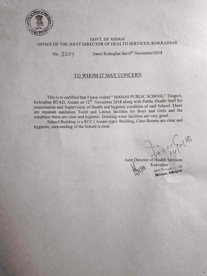Manas Public School Health and Hygienic Certificate